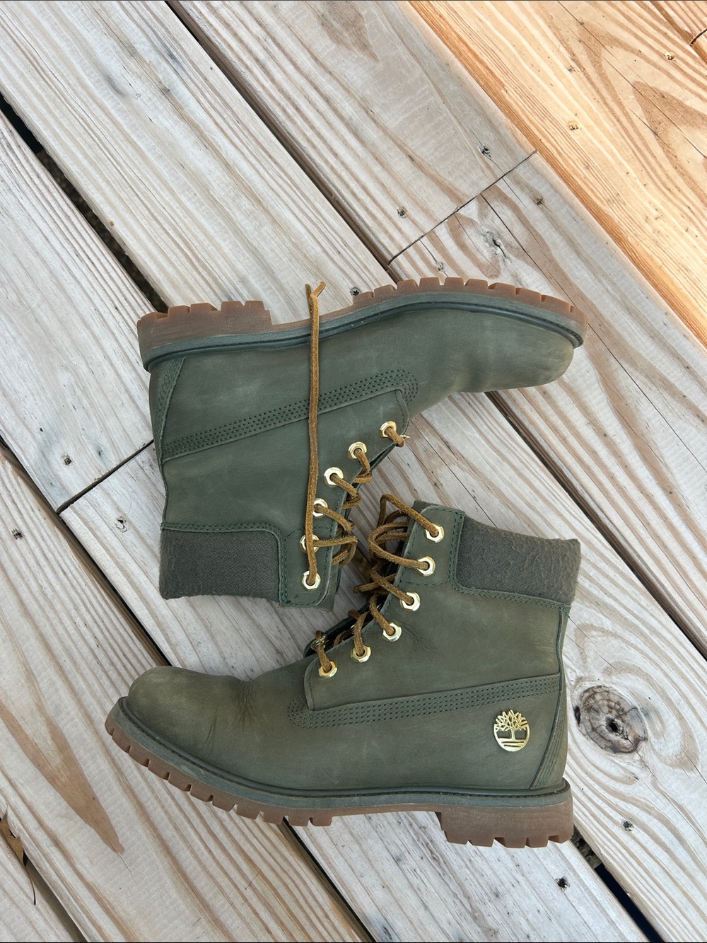 Timberland 6-Inch Premium Boots in a rich dark green nubuck leather, women’s 9